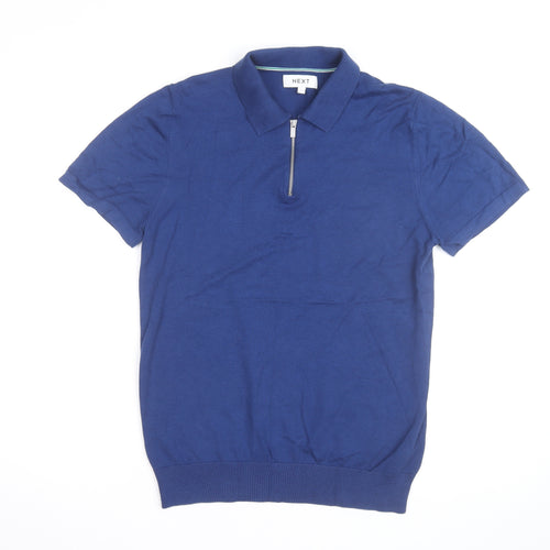 Next Men’s Blue Cotton Silk 1/4 Zip Short Sleeve Polo Shirt Size S