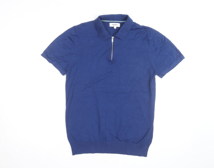 Next Men’s Blue Cotton Silk 1/4 Zip Short Sleeve Polo Shirt Size S