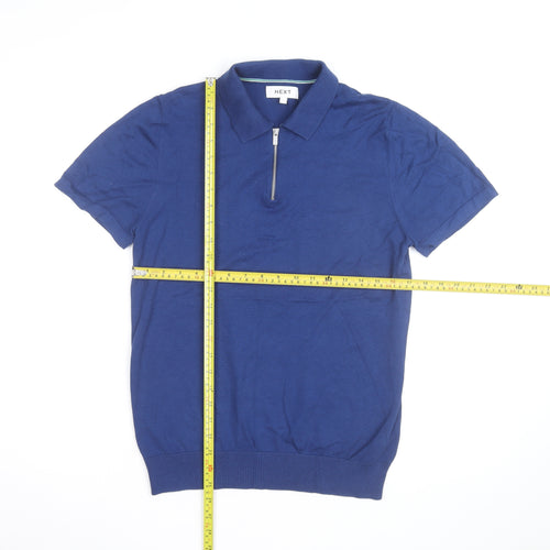 Next Men’s Blue Cotton Silk 1/4 Zip Short Sleeve Polo Shirt Size S