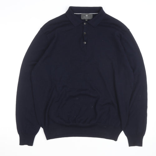 Marks and Spencer Men's Blue Wool Long Sleeve Tailored Fit Polo Shirt XL