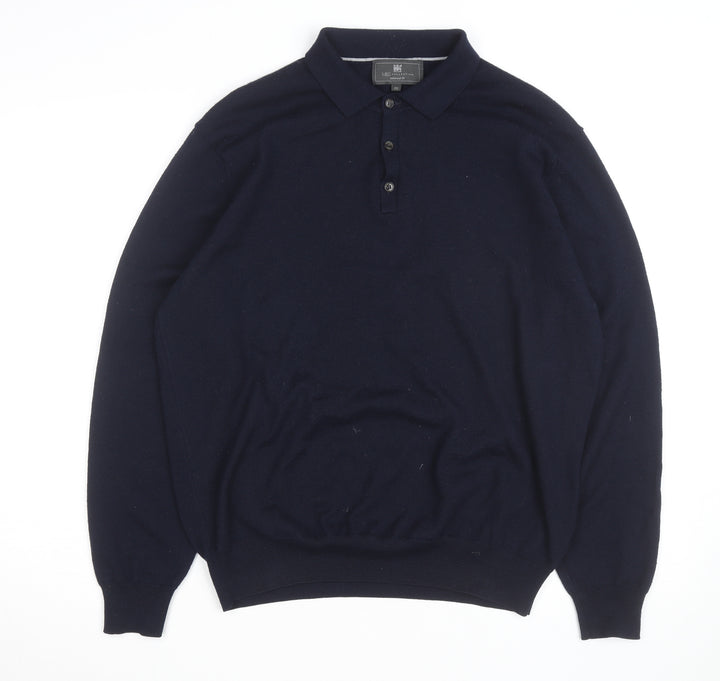 Marks and Spencer Men's Blue Wool Long Sleeve Tailored Fit Polo Shirt XL