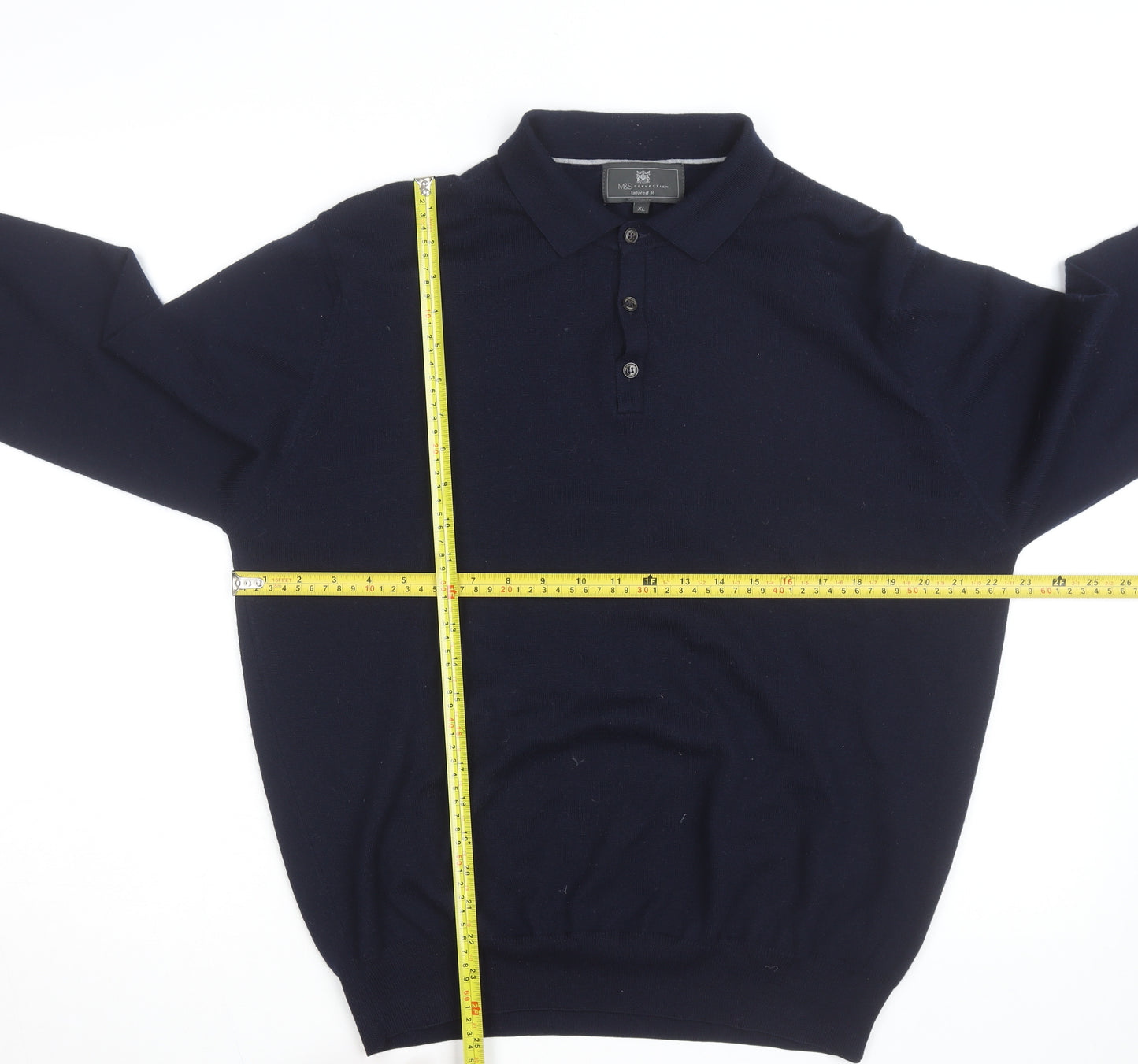 Marks and Spencer Men's Blue Wool Long Sleeve Tailored Fit Polo Shirt XL
