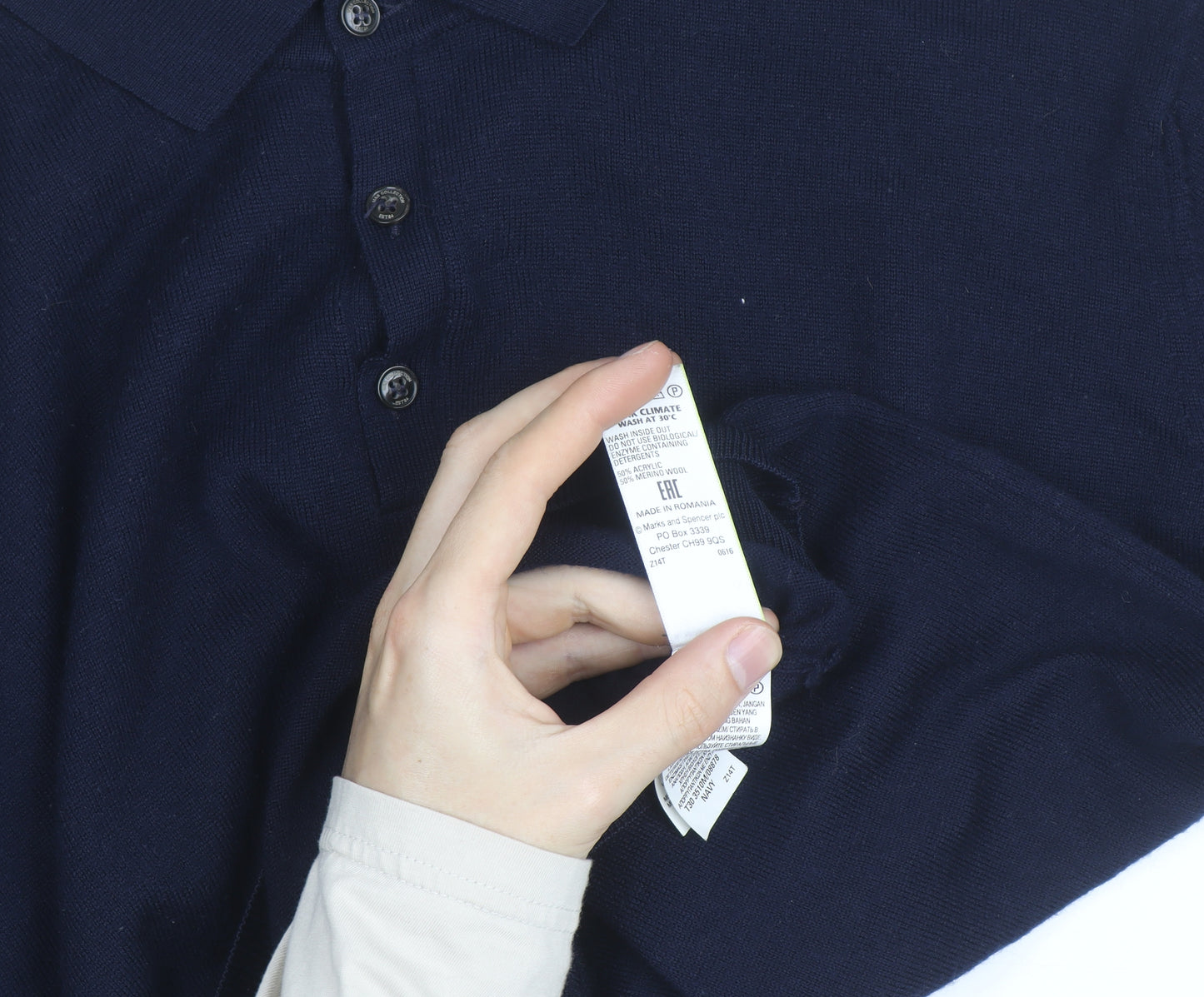 Marks and Spencer Men's Blue Wool Long Sleeve Tailored Fit Polo Shirt XL