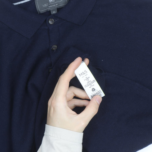 Marks and Spencer Men's Blue Wool Long Sleeve Tailored Fit Polo Shirt XL