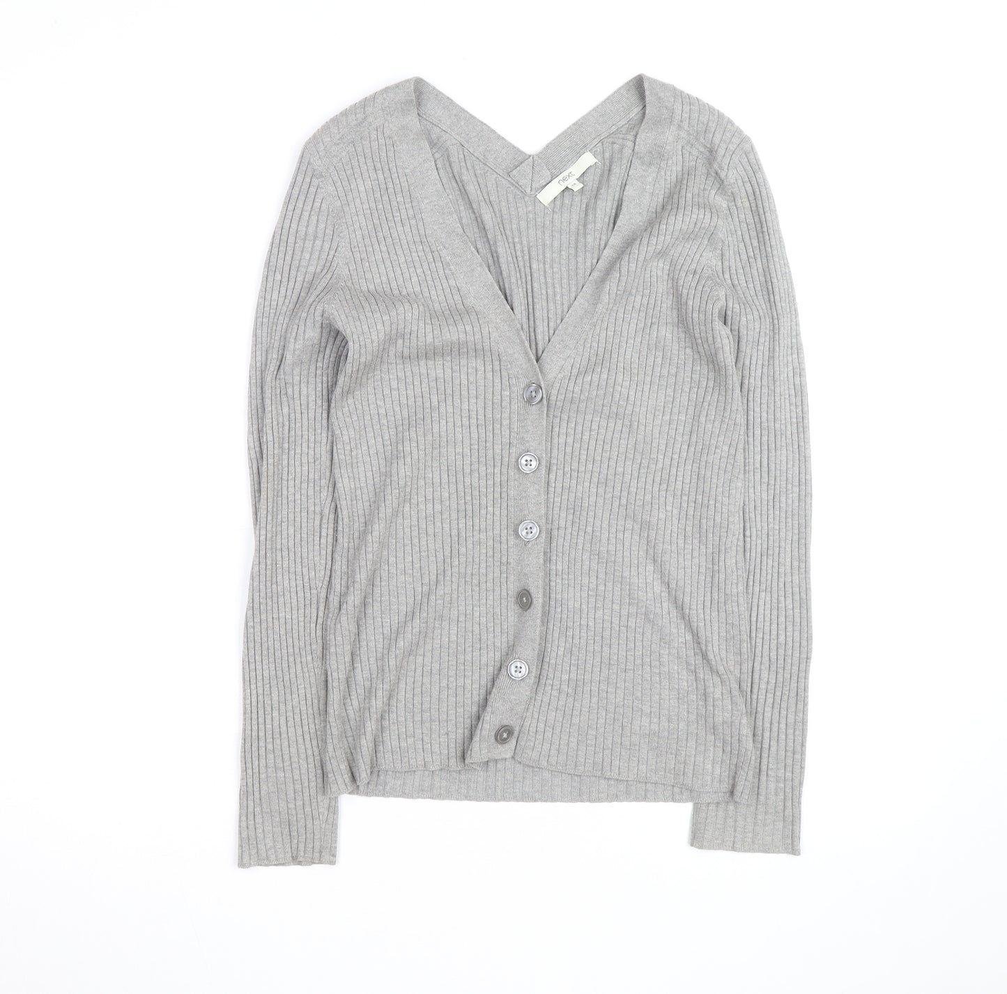 Next Womens Grey V-Neck Ribbed Knit Button Cardigan Size 14