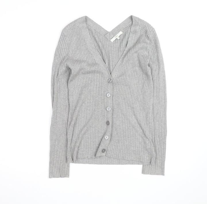 Next Womens Grey V-Neck Ribbed Knit Button Cardigan Size 14