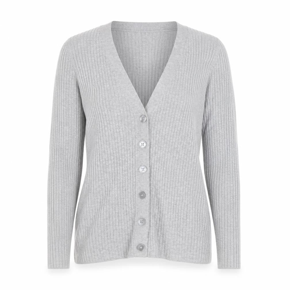 Front view of Next women’s grey v-neck ribbed knit button cardigan, size UK 14