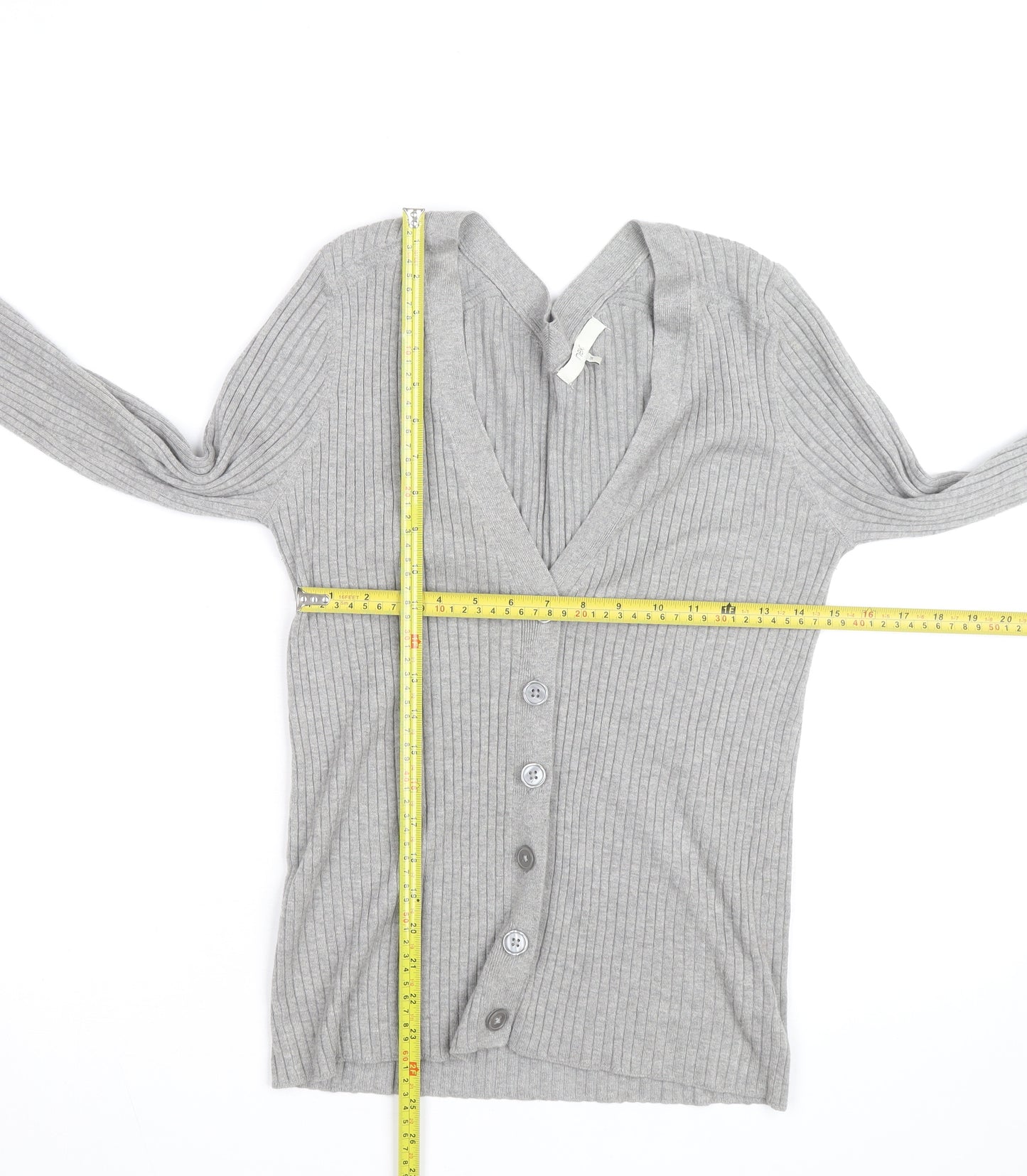 Next Womens Grey V-Neck Ribbed Knit Button Cardigan Size 14
