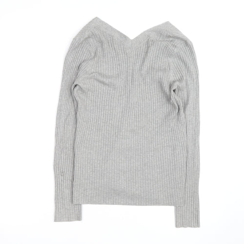 Next Womens Grey V-Neck Ribbed Knit Button Cardigan Size 14