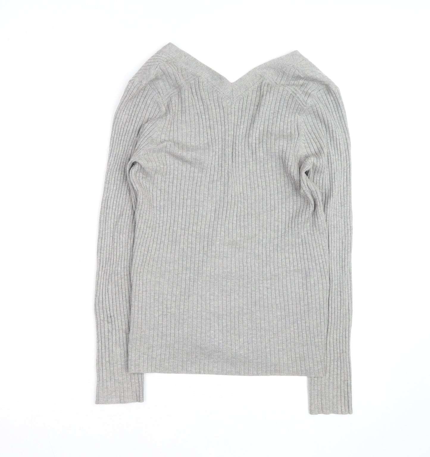 Next Womens Grey V-Neck Ribbed Knit Button Cardigan Size 14