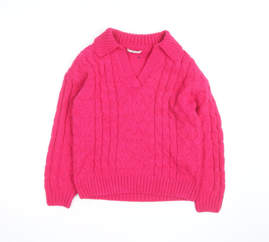 Tu Women’s Pink Cable-Knit V-Neck Pullover Jumper Size 8