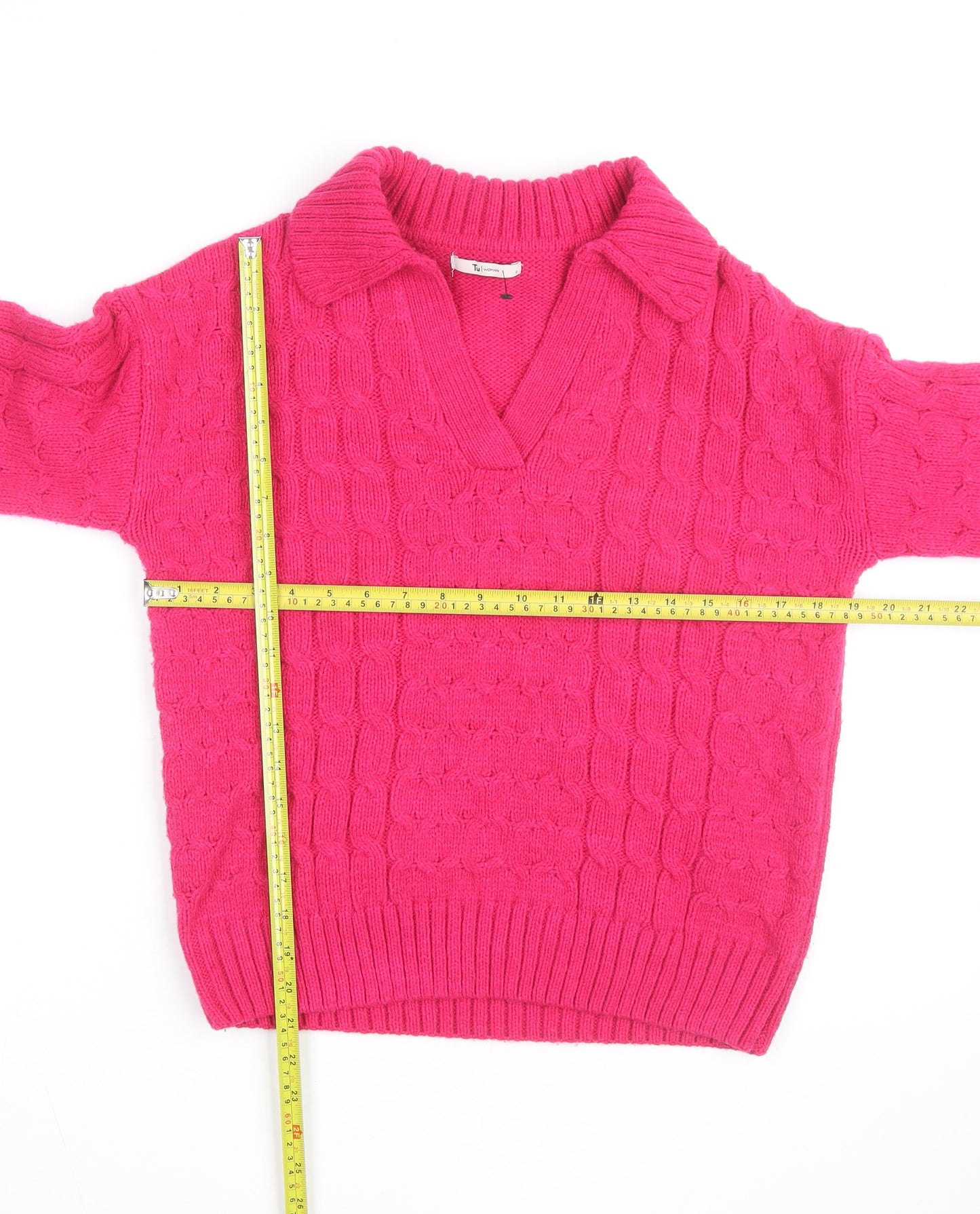 Tu Women’s Pink Cable-Knit V-Neck Pullover Jumper Size 8