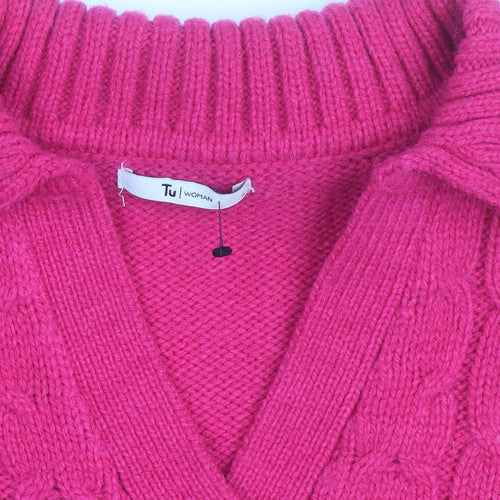 Tu Women’s Pink Cable-Knit V-Neck Pullover Jumper Size 8