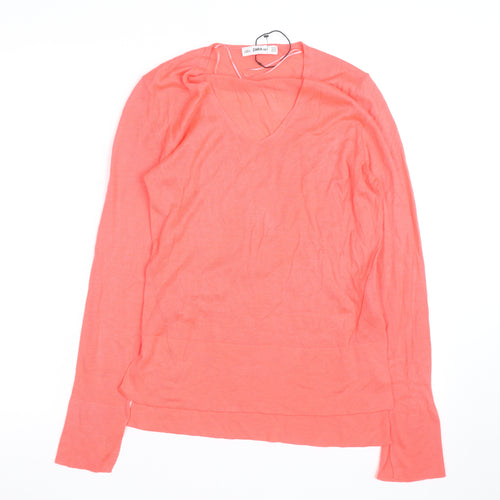 Zara Women Coral V-Neck Lightweight Long Sleeve Pullover Jumper XS