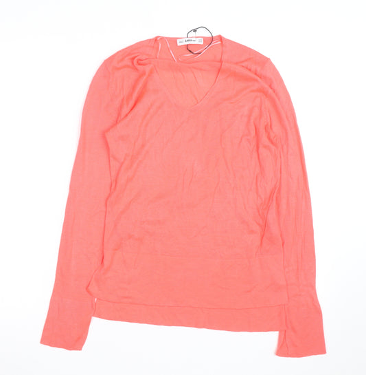 Zara Women Coral V-Neck Lightweight Long Sleeve Pullover Jumper XS