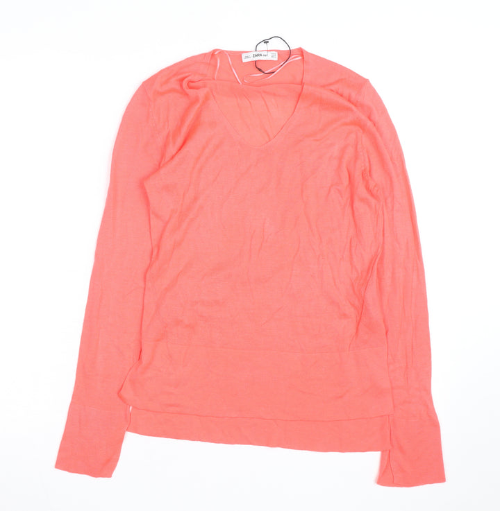 Zara Women Coral V-Neck Lightweight Long Sleeve Pullover Jumper XS