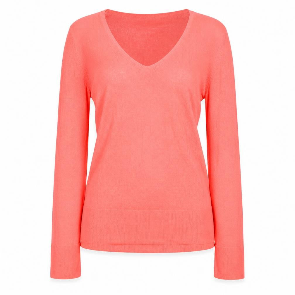 Zara Women Coral V-Neck Lightweight Long Sleeve Pullover Jumper XS