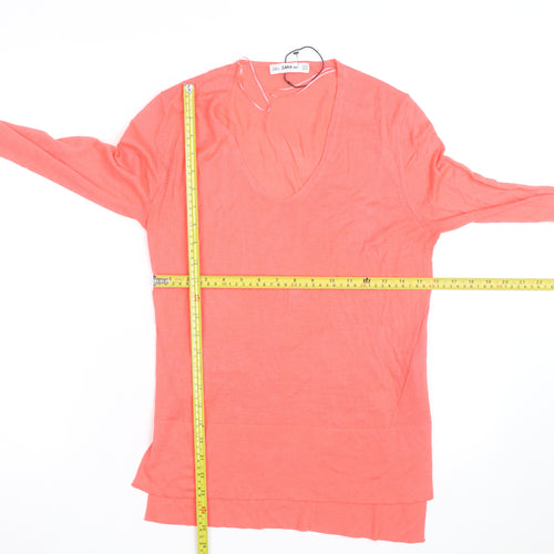 Zara Women Coral V-Neck Lightweight Long Sleeve Pullover Jumper XS