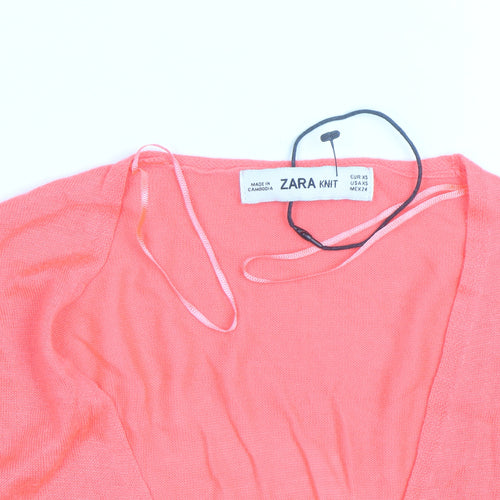 Zara Women Coral V-Neck Lightweight Long Sleeve Pullover Jumper XS