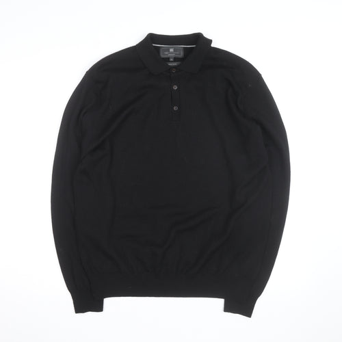 Marks and Spencer Mens Black Merino Wool Long Sleeve Polo XL Classic Fit