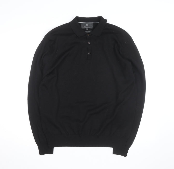 Marks and Spencer Mens Black Merino Wool Long Sleeve Polo XL Classic Fit