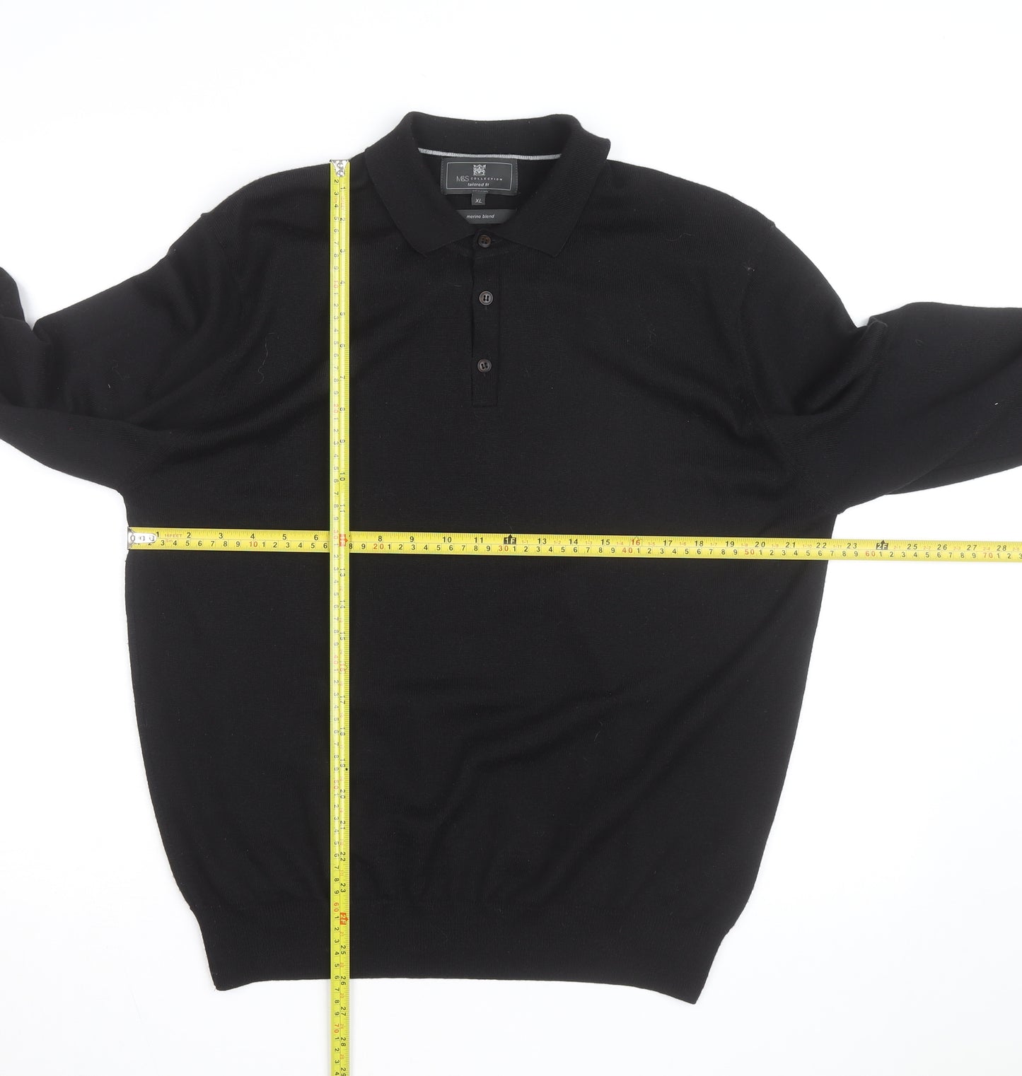 Marks and Spencer Mens Black Merino Wool Long Sleeve Polo XL Classic Fit