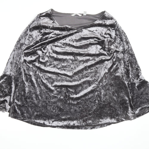 Isaac Mizrahi Live Women's Grey Velvet V-Neck Bell Sleeve 2XL Blouse