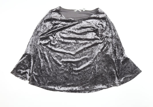 Isaac Mizrahi Live Women's Grey Velvet V-Neck Bell Sleeve 2XL Blouse