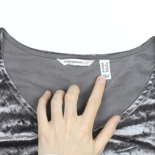 Isaac Mizrahi Live Women's Grey Velvet V-Neck Bell Sleeve 2XL Blouse