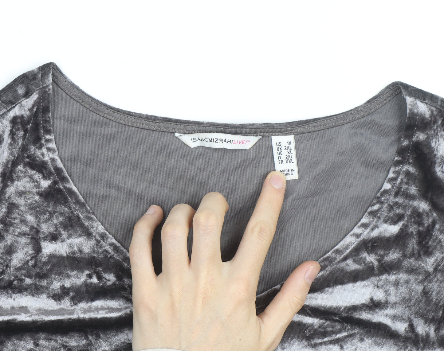 Isaac Mizrahi Live Women's Grey Velvet V-Neck Bell Sleeve 2XL Blouse