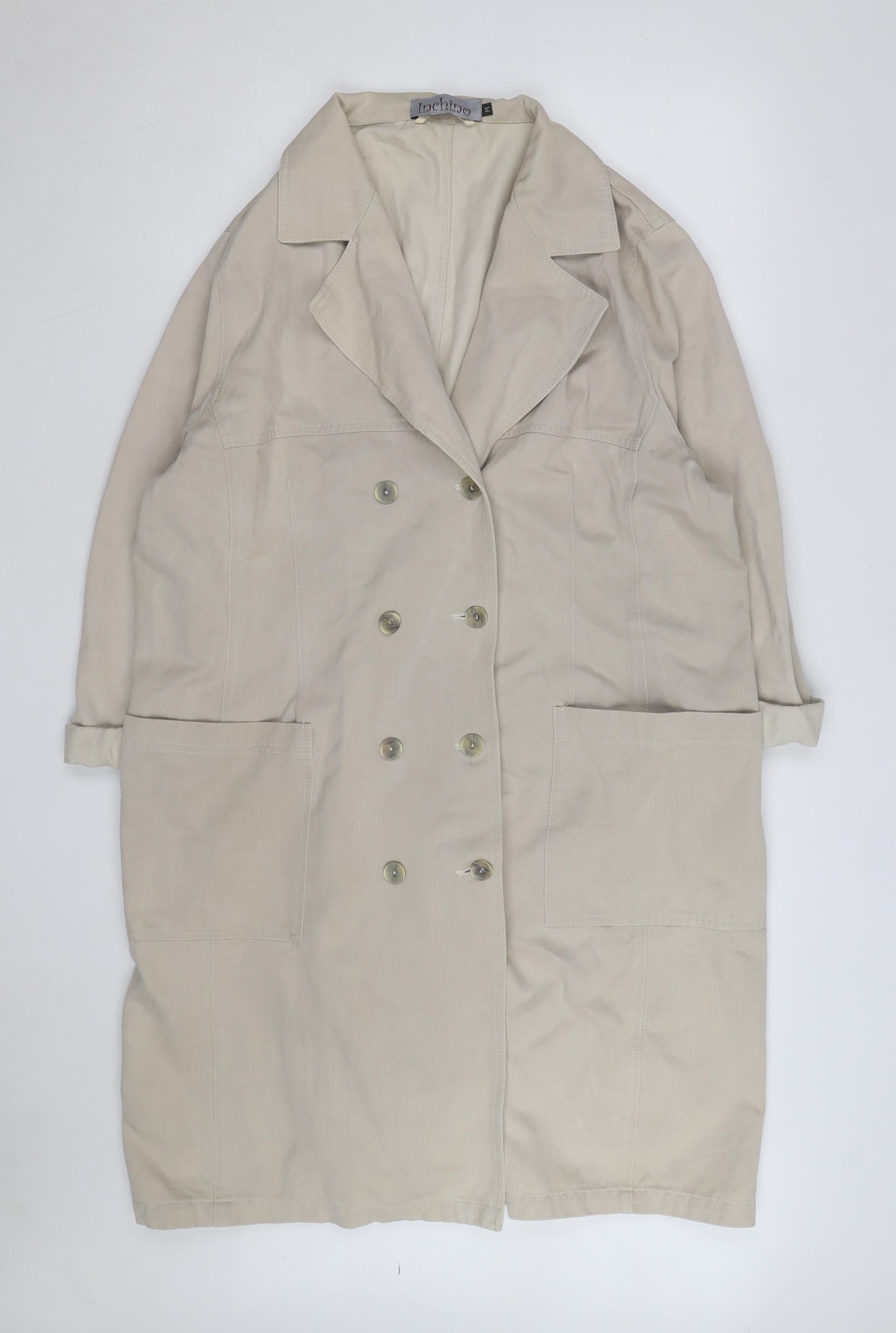 Inchino Women's Beige Long Trench Coat Size M Classic Cotton