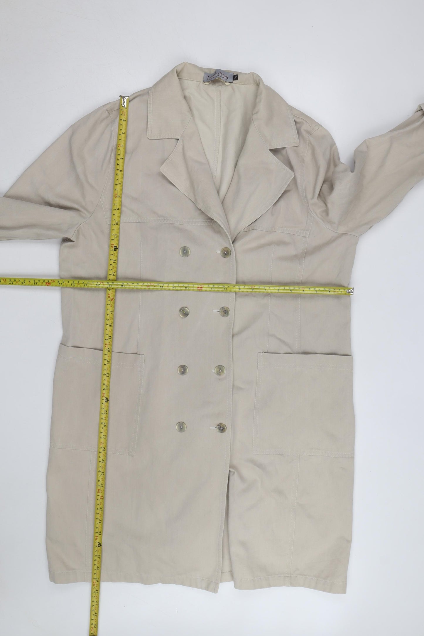 Inchino Women’s Beige Long Trench Coat M Cotton Buttoned