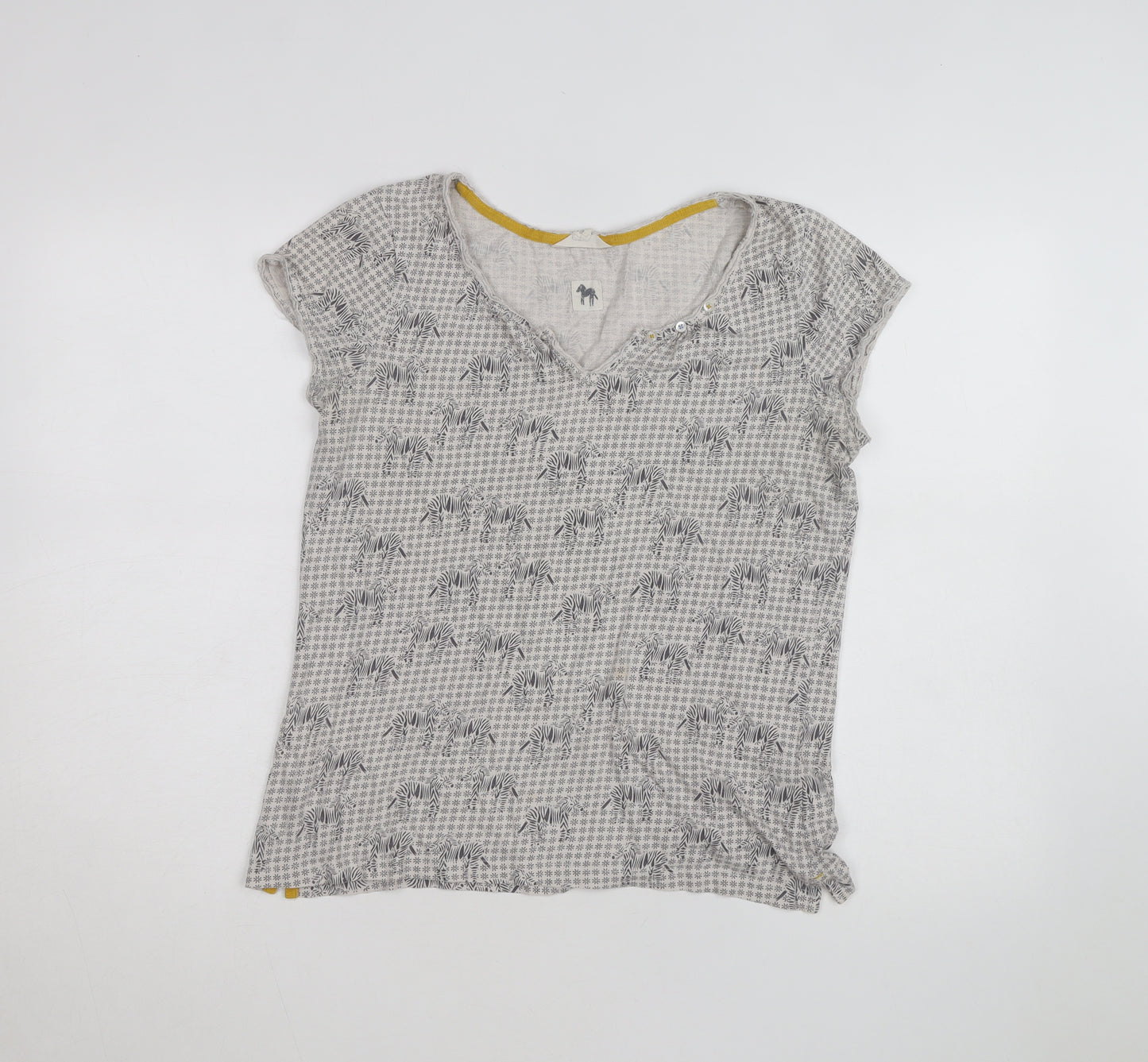 White Stuff Women's Grey Zebra Print Cotton V-Neck T-Shirt Size 12
