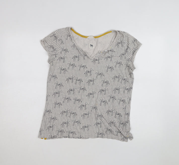 White Stuff Women's Grey Zebra Print Cotton V-Neck T-Shirt Size 12