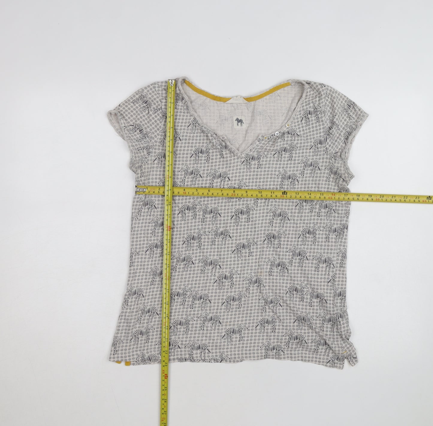 White Stuff Women's Grey Zebra Print Cotton V-Neck T-Shirt Size 12
