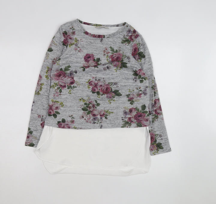 Oasis Women Grey Floral Pullover Jumper XS Long Sleeve Knit