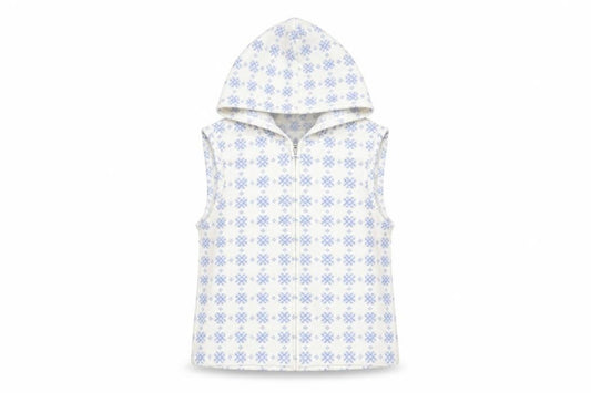 Front view of Gap Kids White Blue Fair Isle Fleece Hooded Vest XS (4) girls’