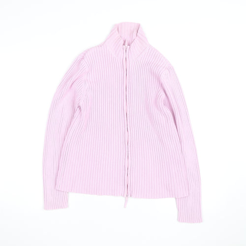 Next Women Pink Ribbed Full Zip High Neck Cotton Jumper Size L