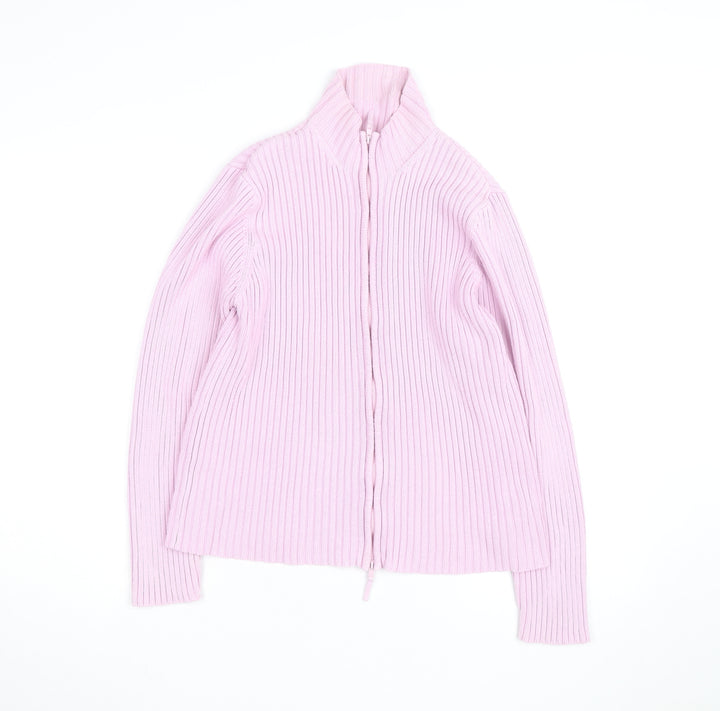 Next Women Pink Ribbed Full Zip High Neck Cotton Jumper Size L