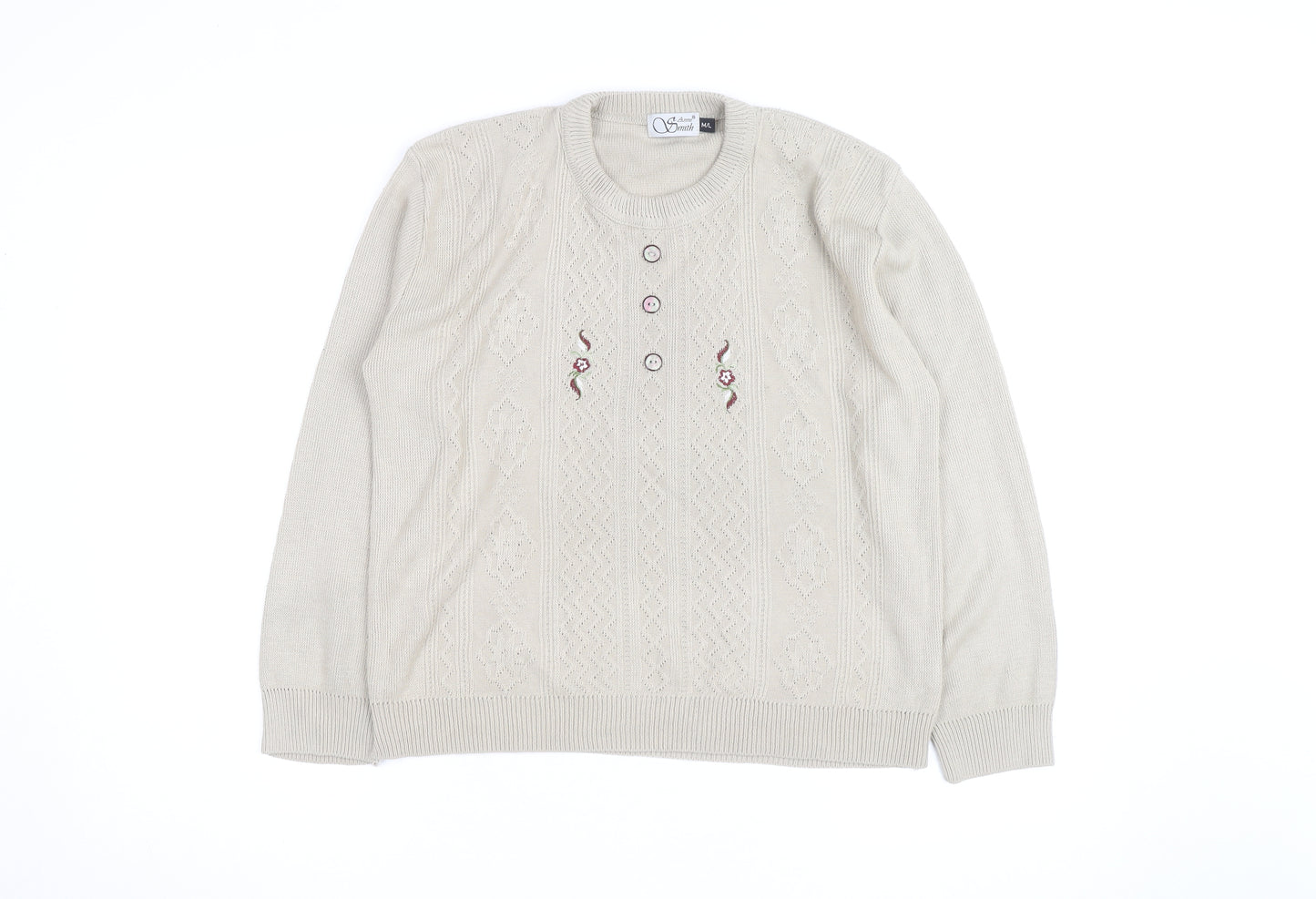 Anne Smith Women’s Beige Knit Henley Jumper M Embroidered