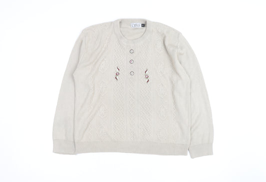 Anne Smith Women’s Beige Knit Henley Jumper M Embroidered
