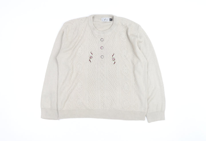 Anne Smith Women’s Beige Knit Henley Jumper M Embroidered