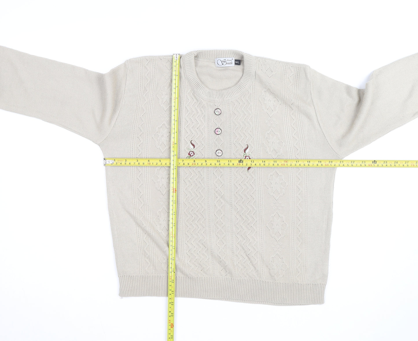 Anne Smith Women’s Beige Knit Henley Jumper M Embroidered