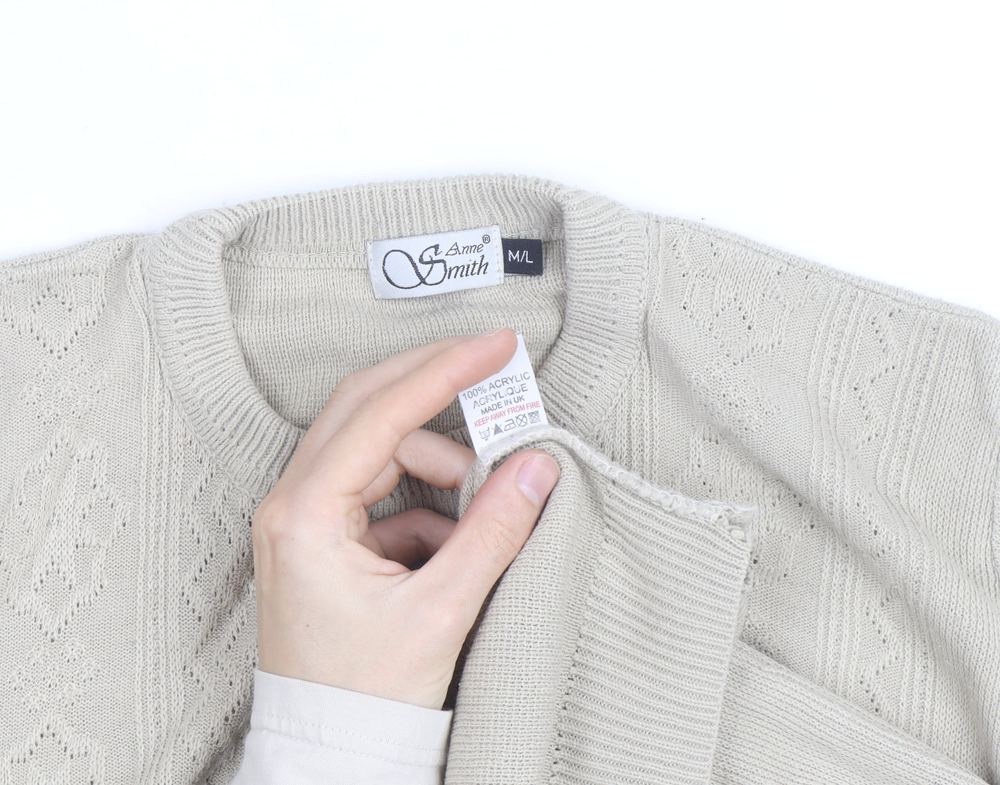 Anne Smith Women’s Beige Knit Henley Jumper M Embroidered