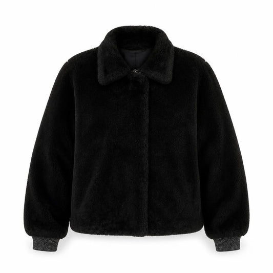 Front view of Sud Express Women’s Black Faux Fur Bomber Jacket, size S