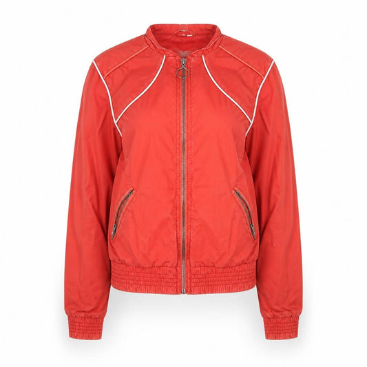 Front view of ESPRIT Women's Red Bomber Jacket, size 10, Lightweight Zip Up