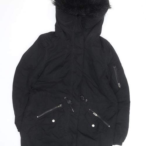 H&M Women’s Black Parka Coat Size 12 Hooded Faux Fur Trim Winter Jacket