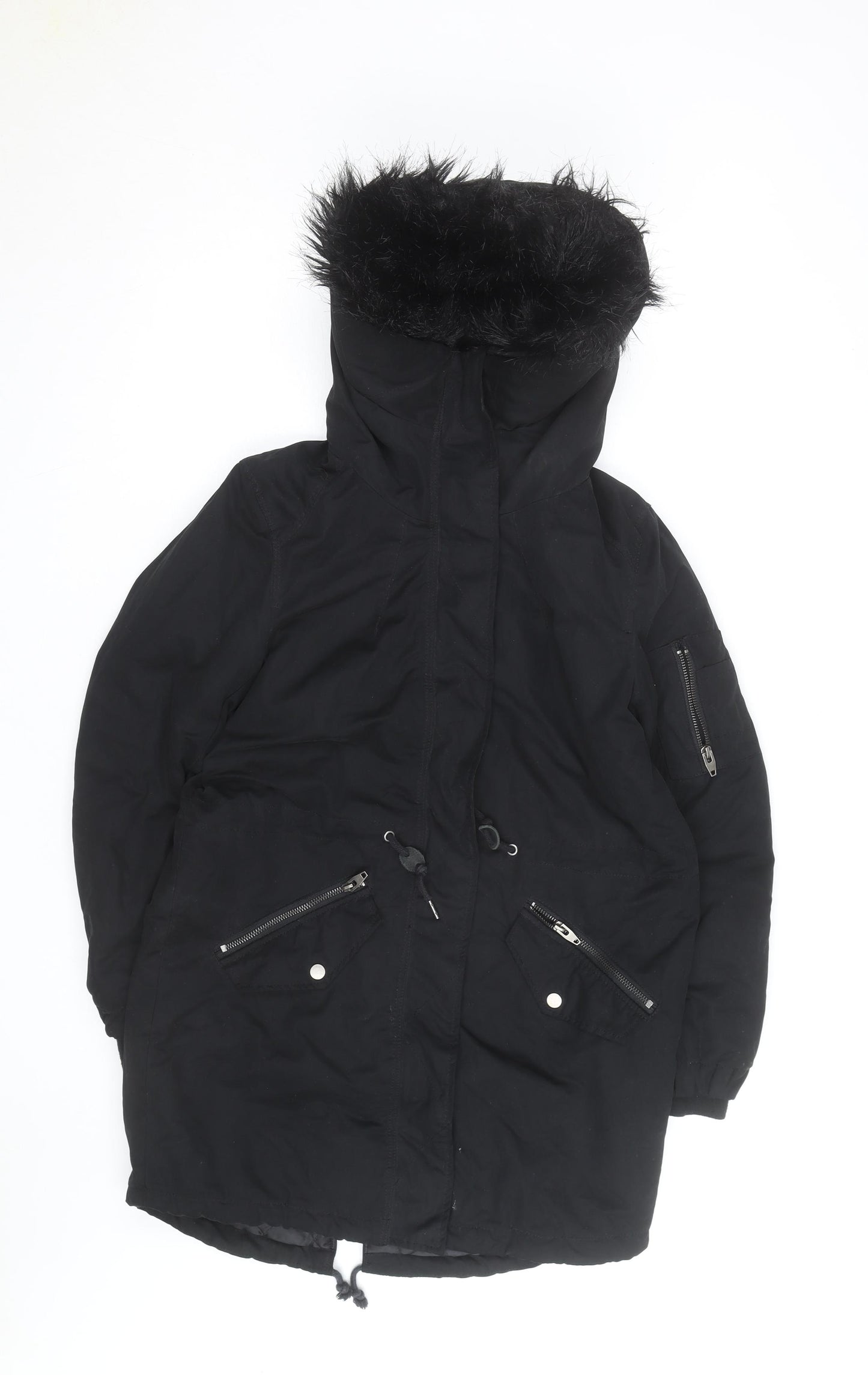 H&M Women’s Black Parka Coat Size 12 Hooded Faux Fur Trim Winter Jacket