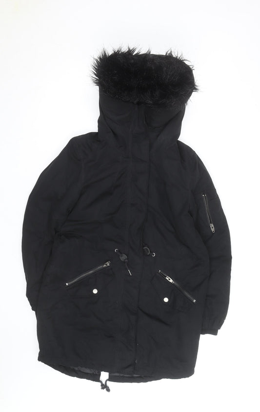 H&M Women’s Black Parka Coat Size 12 Hooded Faux Fur Trim Winter Jacket