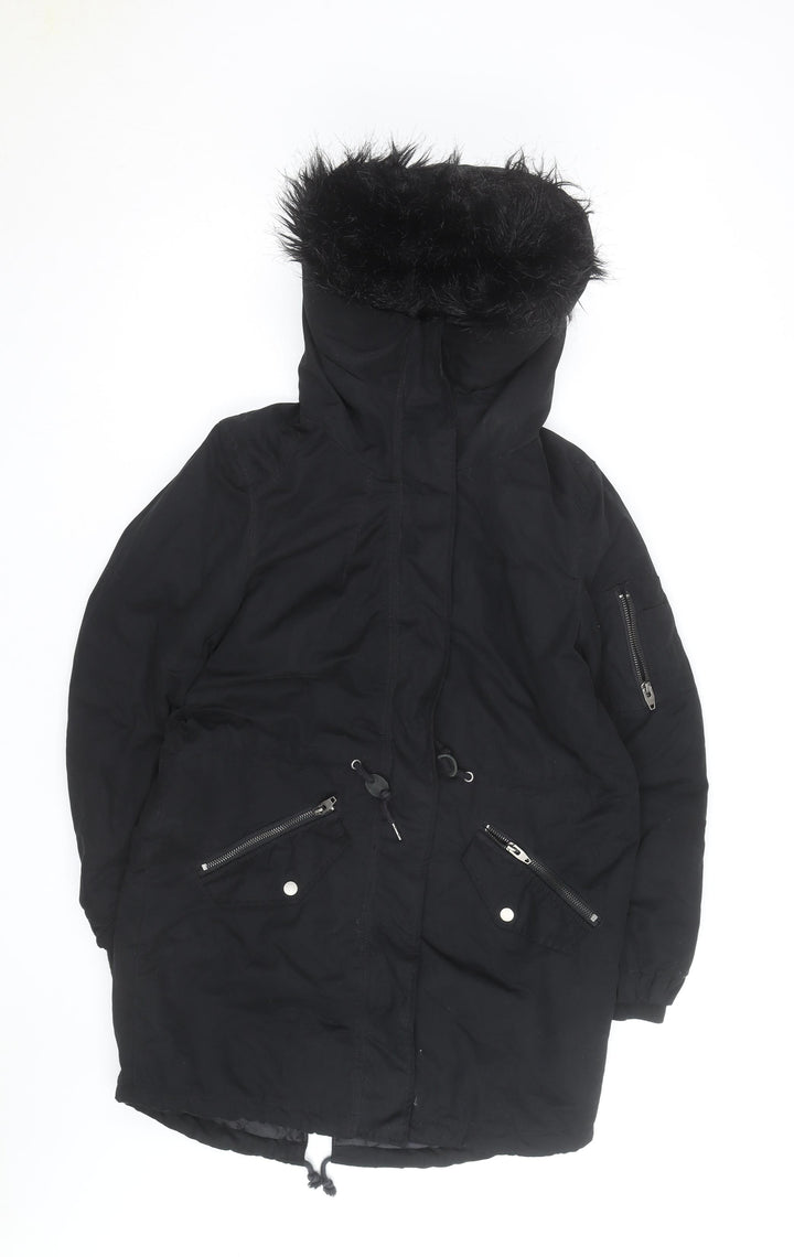 H&M Women’s Black Parka Coat Size 12 Hooded Faux Fur Trim Winter Jacket